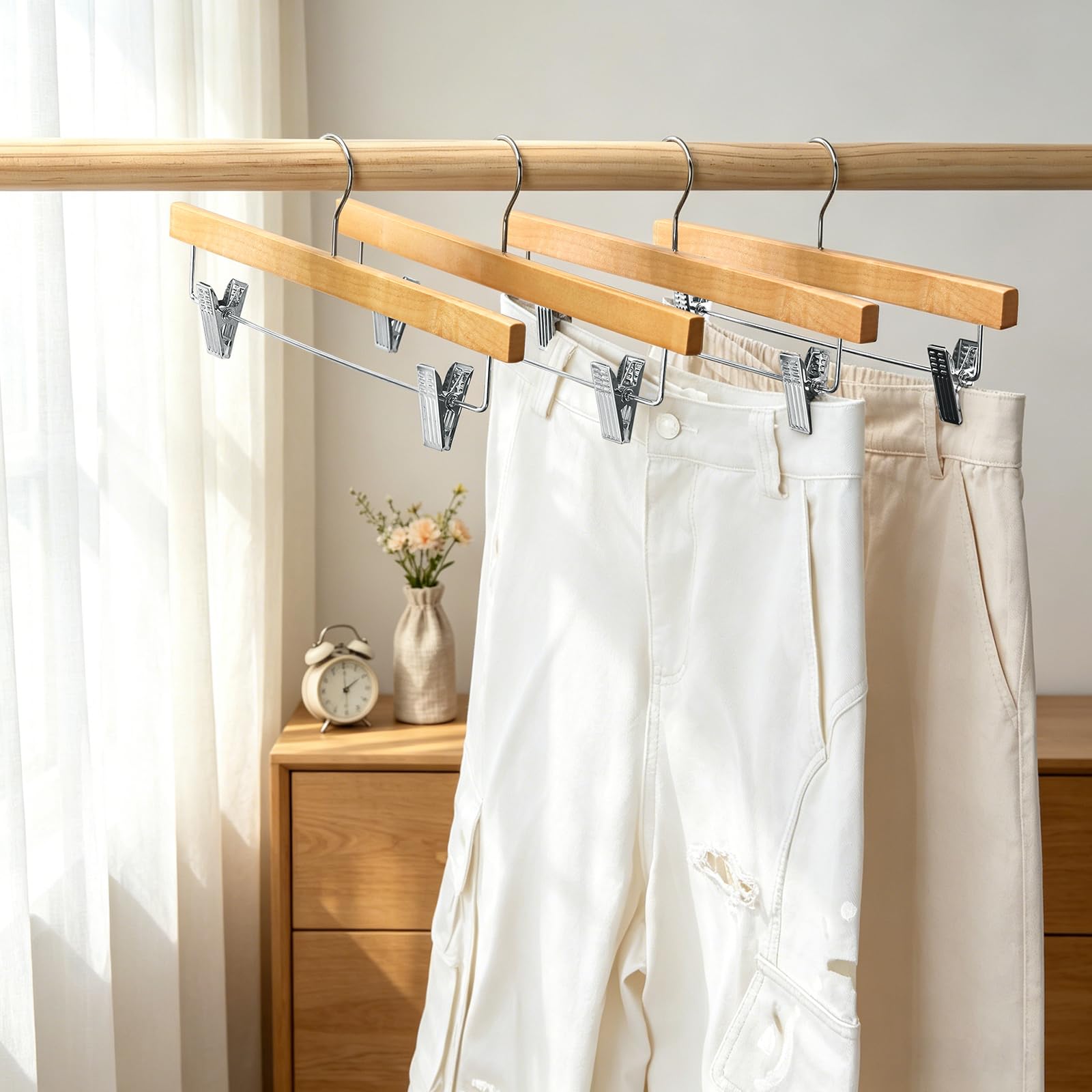 20pcs Wooden Trouser Hangers, 35cm Natural Skirt Coat Hangers with Clips