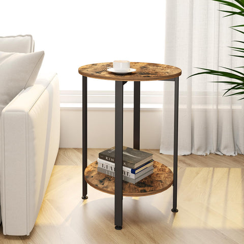 H JINHUI 2-Tier Round Side Table, Industrial End Table, Bedside Table, Sofa Table with Metal Frame, Coffee Table with Storage, for Living room