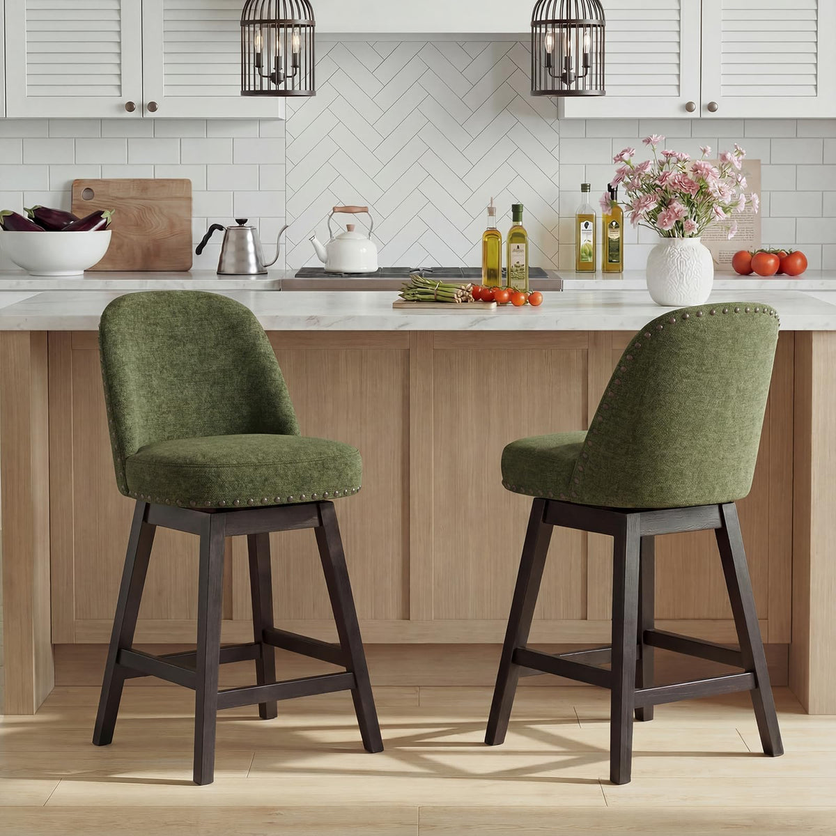 Bar Stools Set of 2, 360° Swivel Counter Stools with Upholstered Seat, Wooden Frame & Nailhead Trim