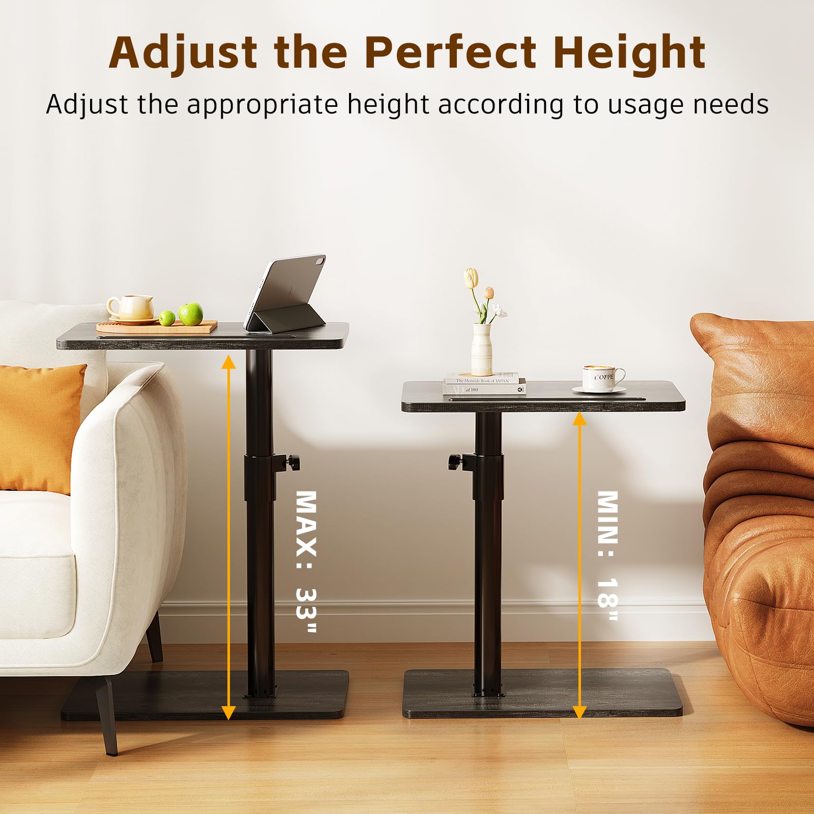 CAIYUN C Shaped Side Table, Height Adjustable Swivel 360° Rotating, Black End Table for Small Spaces