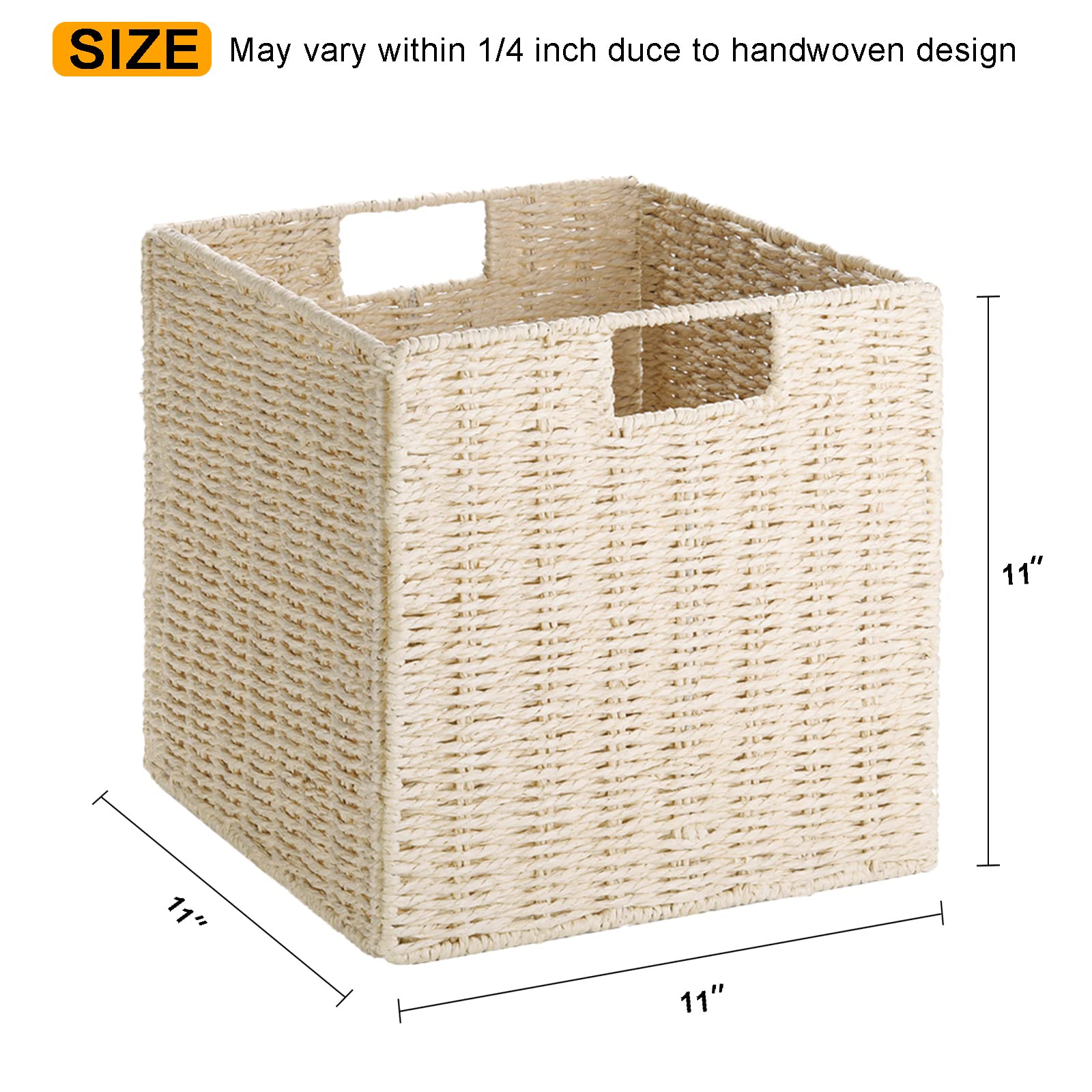 Vagusicc Wicker Storage Baskets, Set of 2 Hand-Woven Paper Rope Foldable Cube Bins Organizer, 11 Inch Square for Shelves Pantry Organizing Decor