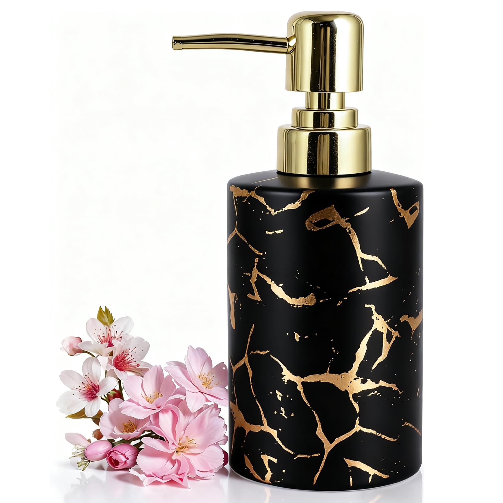 Gold Bathroom Soap Dispenser,Gold Pump Ceramic Soap Dispenser,Kitchen Marbling Empty Pump Bottle,Bath Countertop Storage Organizer Marble Bathroom