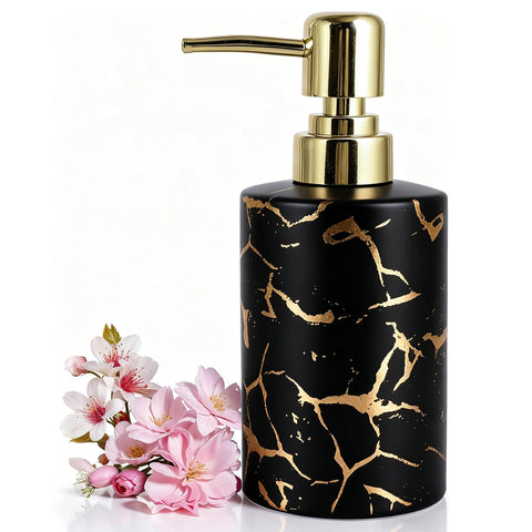 Gold Bathroom Soap Dispenser,Gold Pump Ceramic Soap Dispenser,Kitchen Marbling Empty Pump Bottle,Bath Countertop Storage Organizer Marble Bathroom