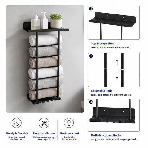 Towel Rack, Bathroom Towel Holder Self Adhesive, 38-75cm Adjustable Pole