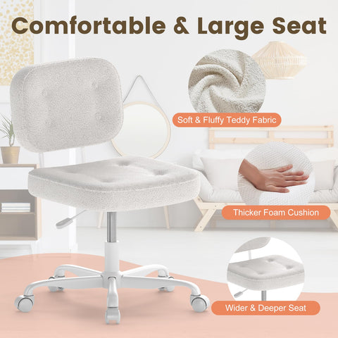 AnyGod Armless Desk Chair, Adjustable Swivel Task Seat, White Teddy-Fleece