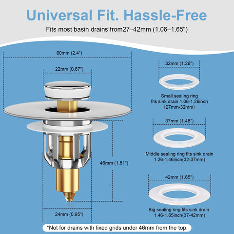 Sink Plug Replacement, Universal Pop Up Basin Plug with Hair Catcher Strainer, Brass Push Click Bathroom Drain Stopper for 27‑42mm Sink Hole