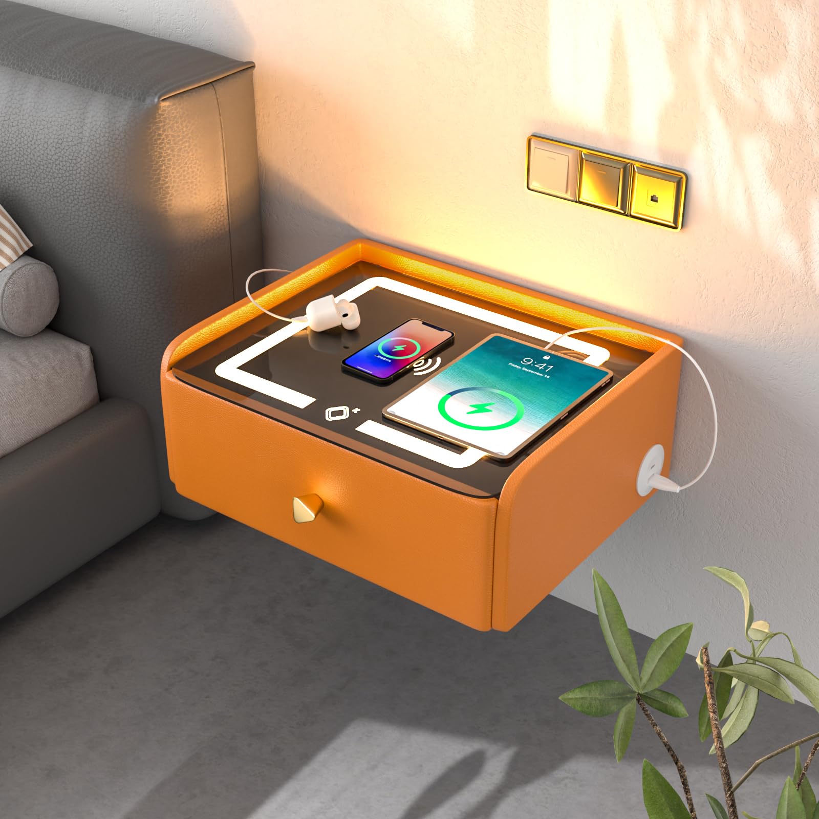 ihomemore Bedside Table with Charging Function Bedside Table Hanging Sleeping Options for Young People Orange