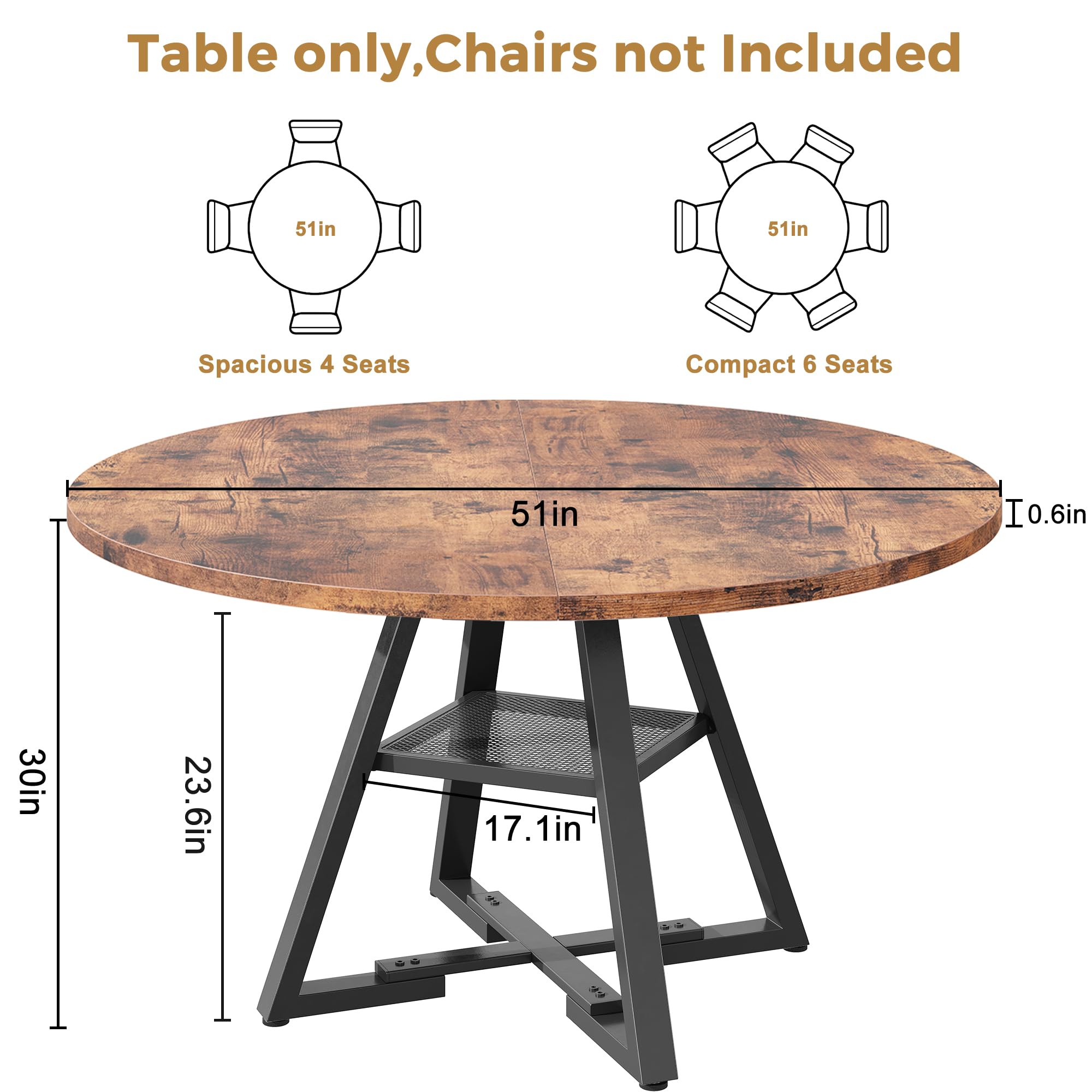 Jocoevol Round Dining Table for 4-6 People, Circle Dinner Table with Shelves, Space Saving Wood Kitchen & Dining Room Furniture (Vintage, 51 inch