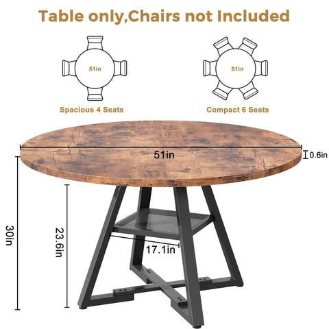 Jocoevol Round Dining Table for 4-6 People, Circle Dinner Table with Shelves, Space Saving Wood Kitchen & Dining Room Furniture (Vintage, 51 inch