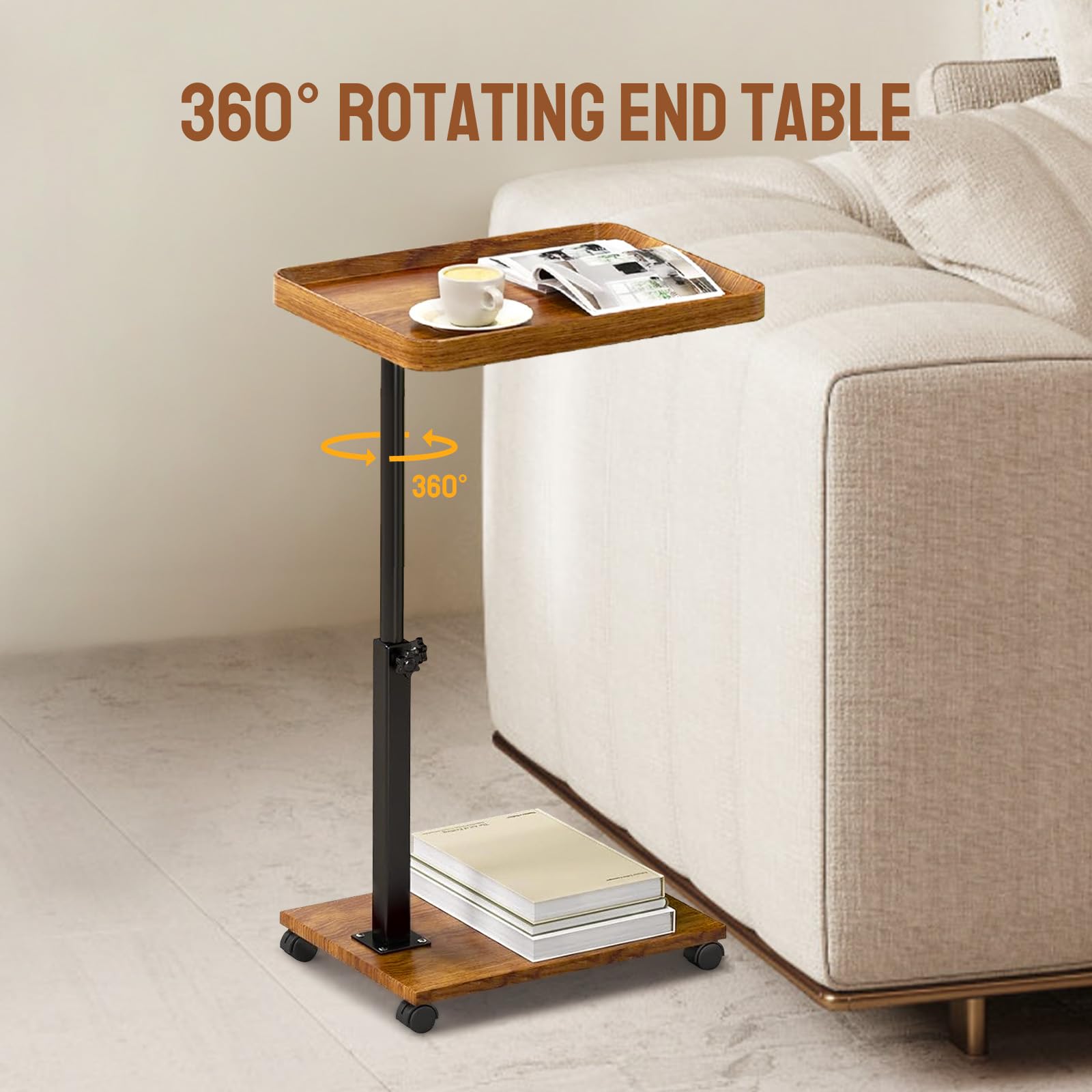 YYW Adjustable C Shaped Side Table with Wheels, 360° Swivel Sofa Table