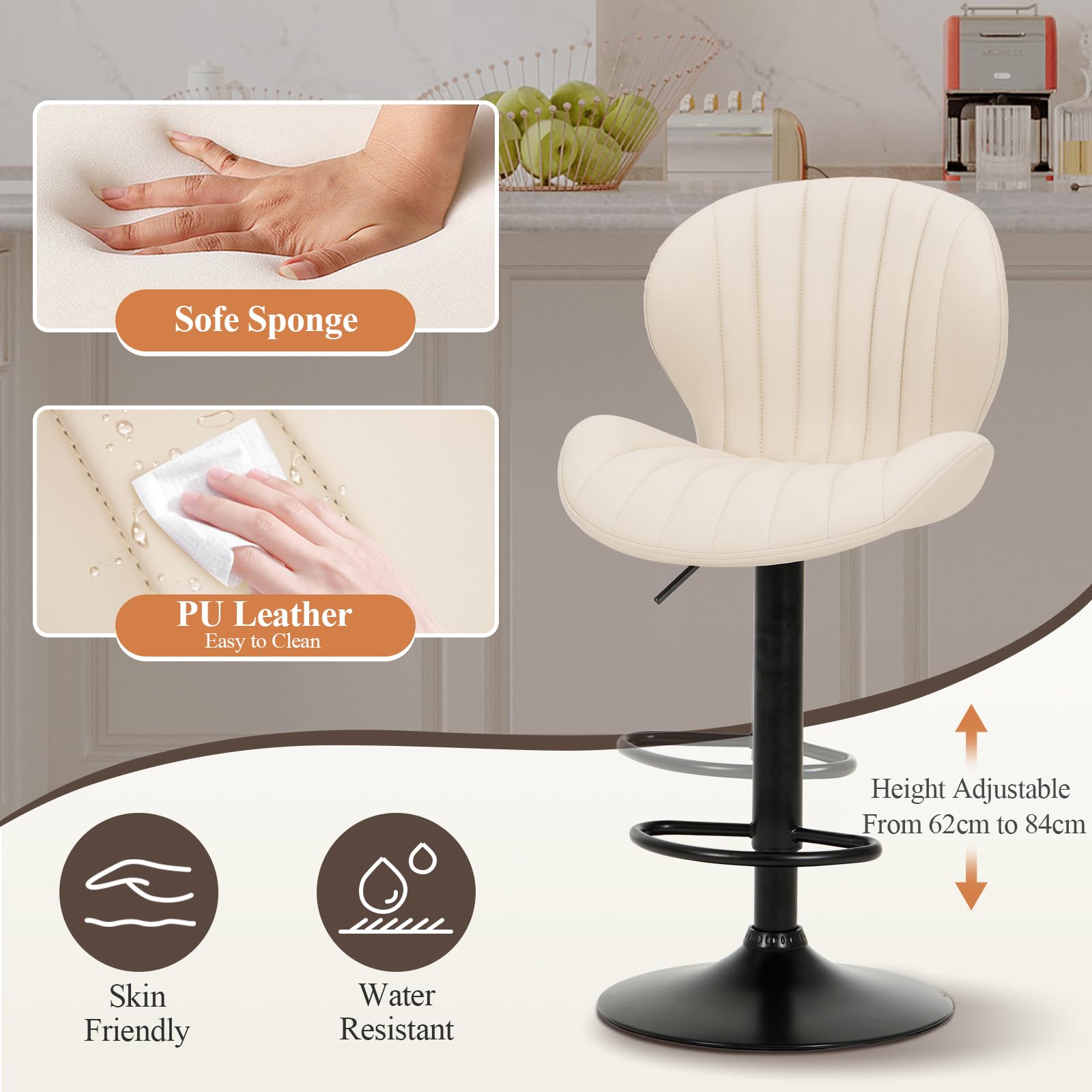 COLAMY Breakfast Bar Stools Set of 2, Modern Swivel Kitchen Bar Chairs, Adjustable PU Leather Upholstered Barstools Counter Height with High Backrest