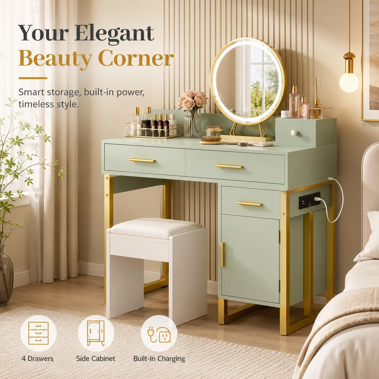 iSunirm Dressing Table Vanity Desk with 4 Storage Drawers - Modern Makeup Desk with Charging Station