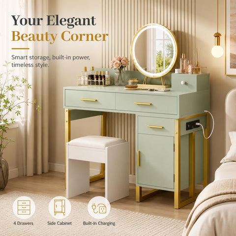 iSunirm Dressing Table Vanity Desk with 4 Storage Drawers - Modern Makeup Desk with Charging Station