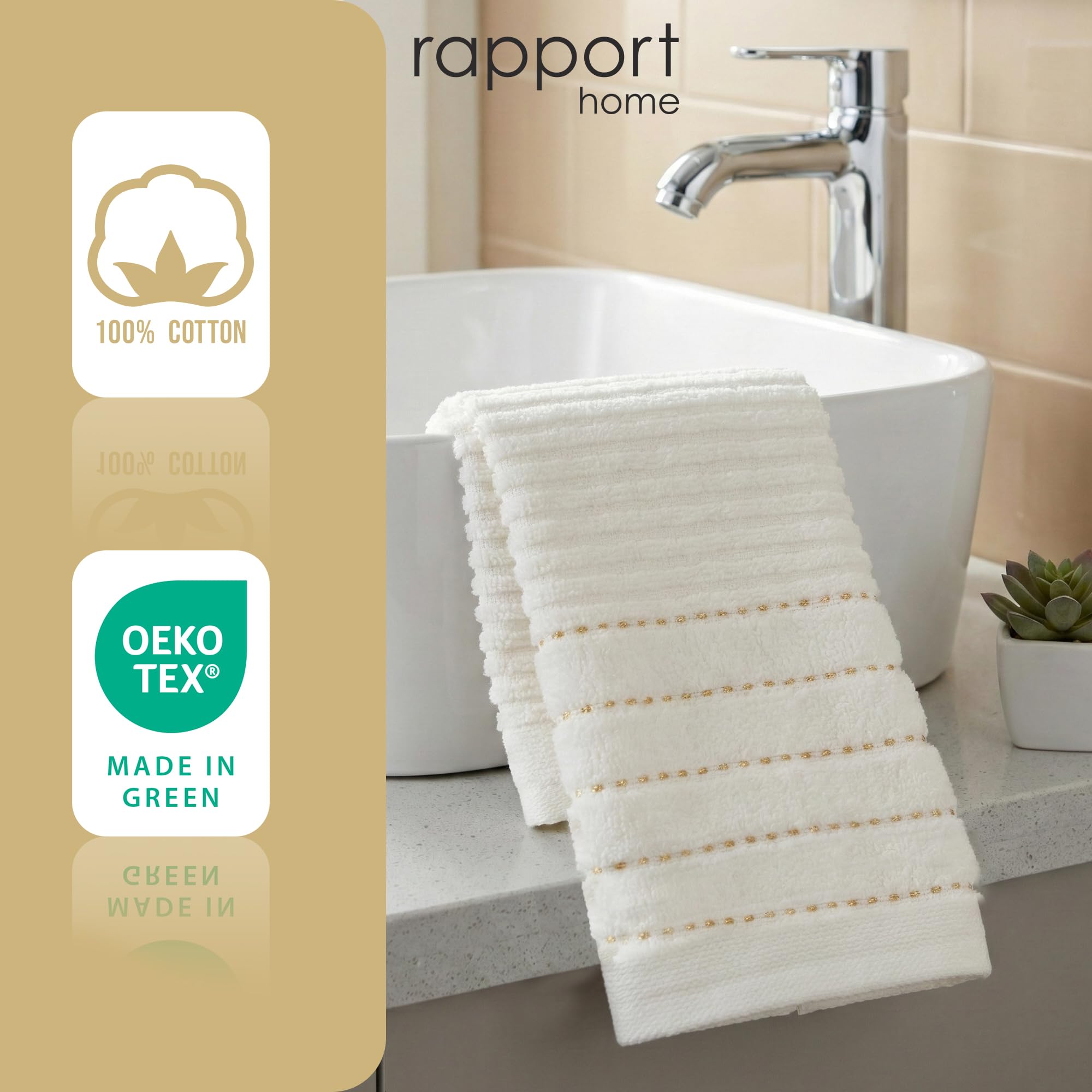 Rapport Home 2-Pack Linear Hand Towels | 50x85cm 100% Cotton 500GSM | Absorbent & Soft Bathroom Towel Set | Oeko-Tex Certified | Ivory Cream