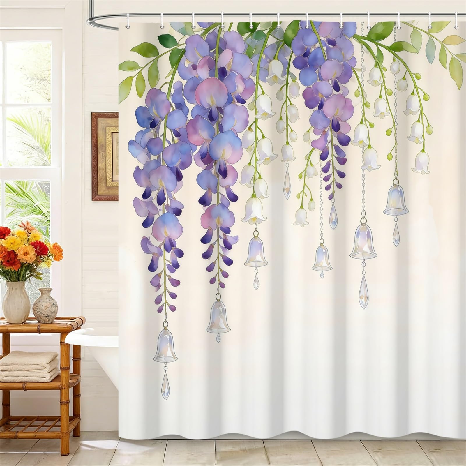 Kzzfqxb 180x180cm Floral Shower Curtains with Plastic Hooks, Purple Hanging Wisteria Flowers and White Lily Bells Waterproof Polyester Fabric for