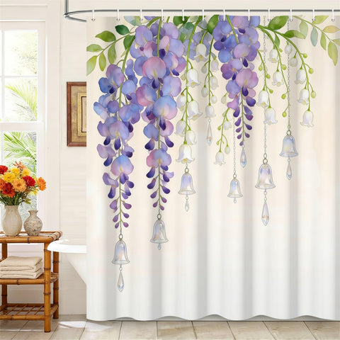 Kzzfqxb 180x180cm Floral Shower Curtains with Plastic Hooks, Purple Hanging Wisteria Flowers and White Lily Bells Waterproof Polyester Fabric for