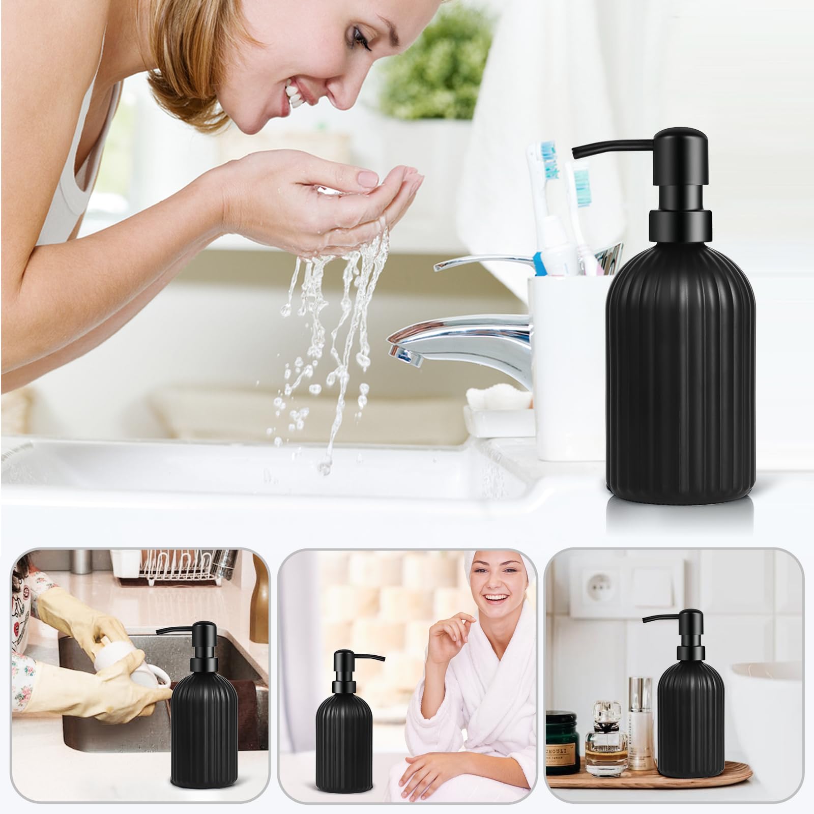 Matte Black Ribbed Glass Soap Dispenser, 400ml Refillable Countertop Hand Soap Bottle with Rust‑Proof Pump, for Kitchen, Bathroom & Laundry Room