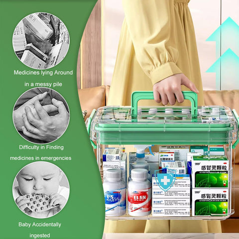 White-L Double Layer Medicine Organiser - Portable First Aid Box with Multi Grid Storage for Home & School
