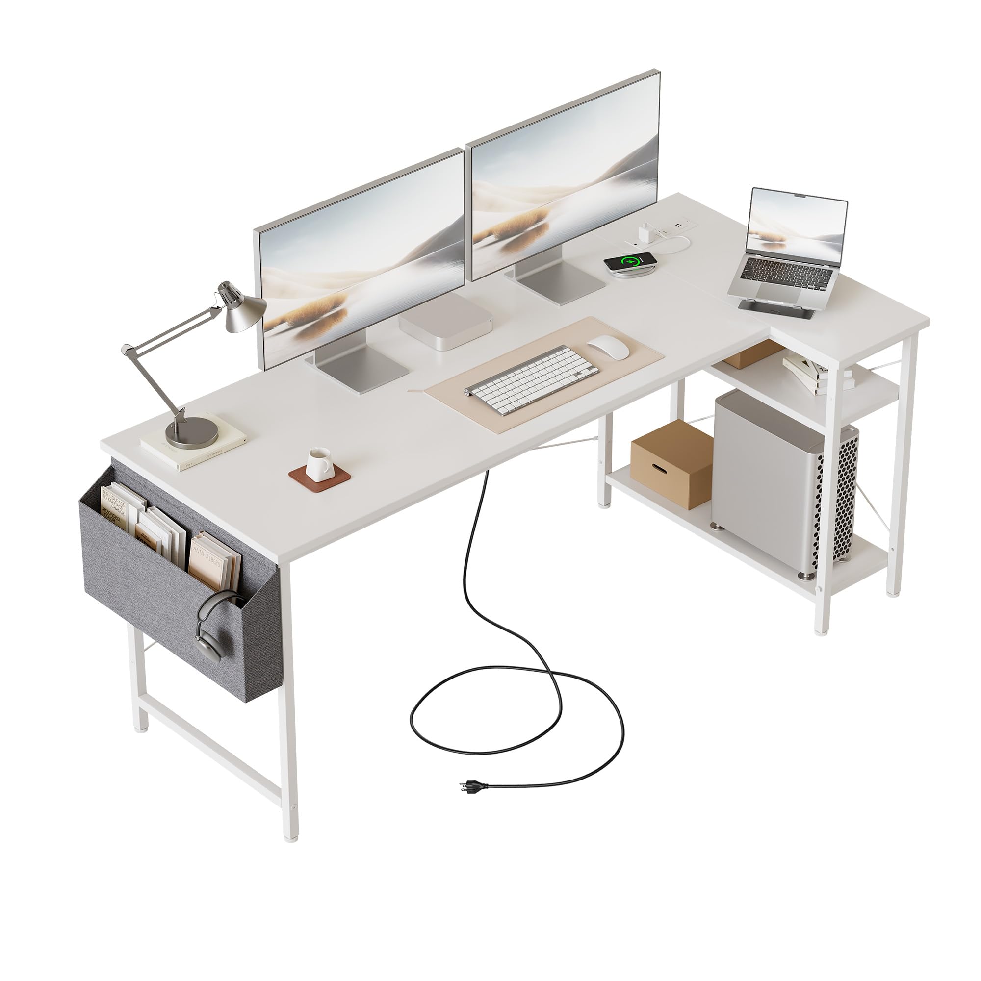 Mericonia Reversible Corner Desk, w. Power Outlets, 140x70cm, White
