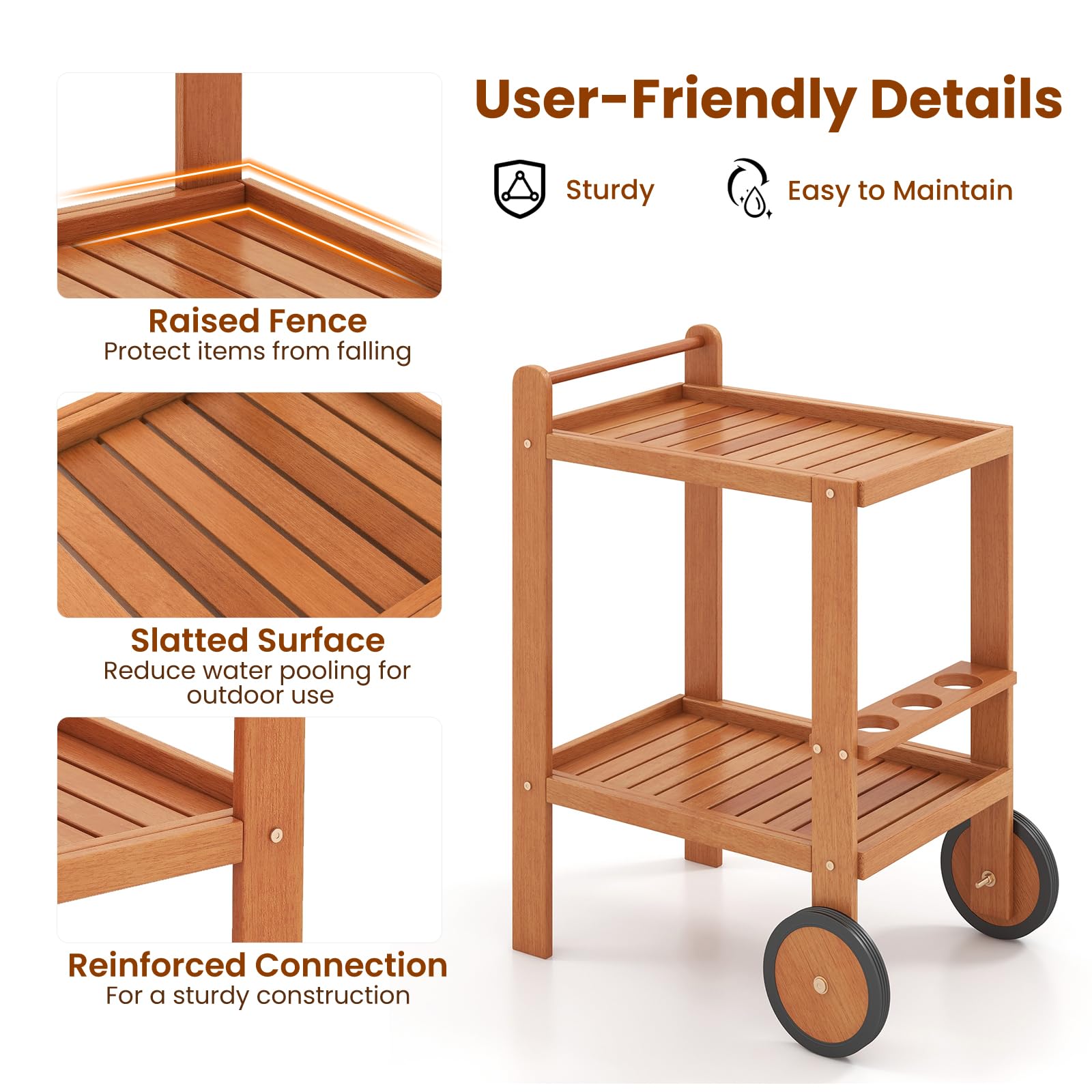 GiantexUK 2-Tier Serving Trolley, Wooden Bar Cart with Wine Bottle Holders, 2 Wheels & Handle