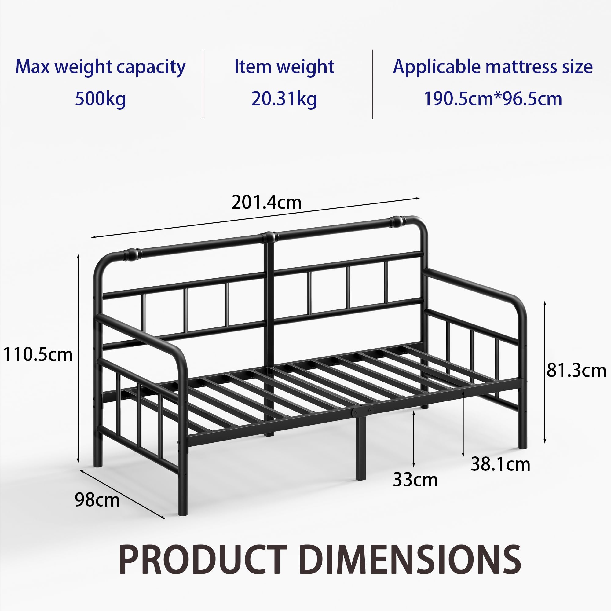QFtime Metal Day Bed Frame with Headboard - Single Bed Frame with Underbed Storage and Steel Slat Support - Easy Assembly, Noise Free Black