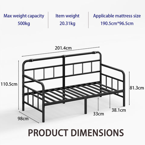 QFtime Metal Day Bed Frame with Headboard - Single Bed Frame with Underbed Storage and Steel Slat Support - Easy Assembly, Noise Free Black