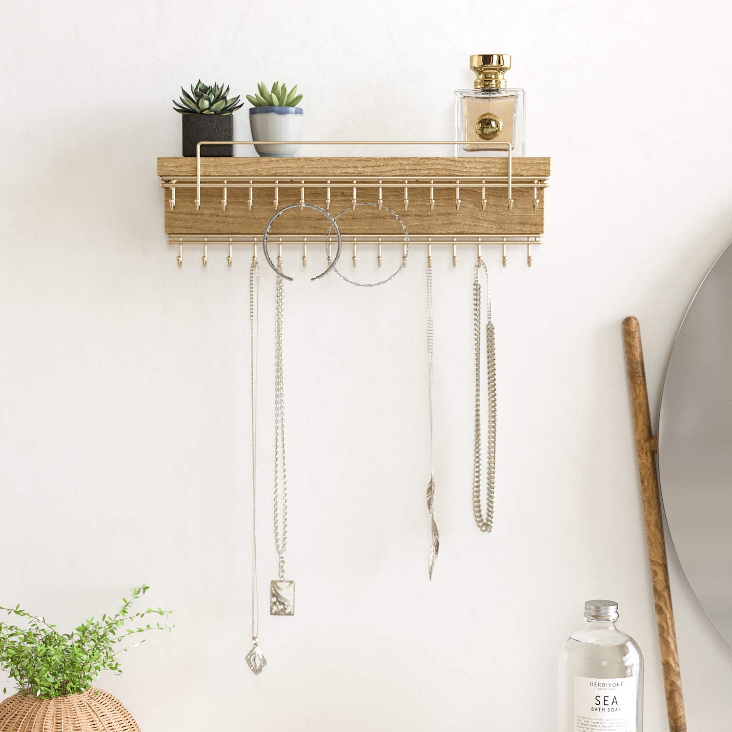 J JACKCUBE DESIGN Rustic Wood Wall Mounted Jewelry Organizer with 30 Gold Metal Hooks Display Shelf Storage for Necklaces, Bracelets, Earrings
