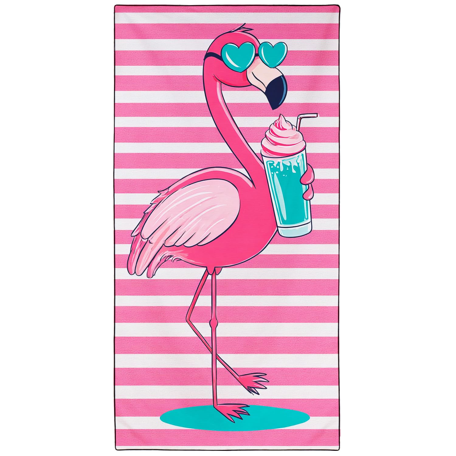 Violetpos Flamingo with Drink Beach Towel, Extra Large 180x90 cm 250GSM Microfibre, Sand Free Quick Dry