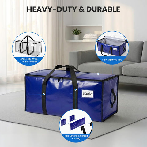 RICHER HOUSE 90L Heavy Duty Moving Boxes, Clothes Storage Bags, 4 Pack,Blue