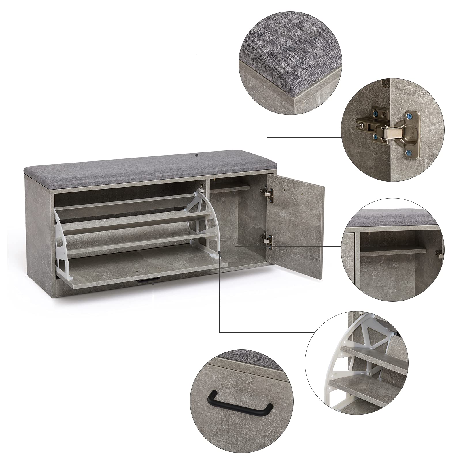 Mondeer Shoe Storage Bench with Cushion, W100 x D30 x H46 cm, Grey