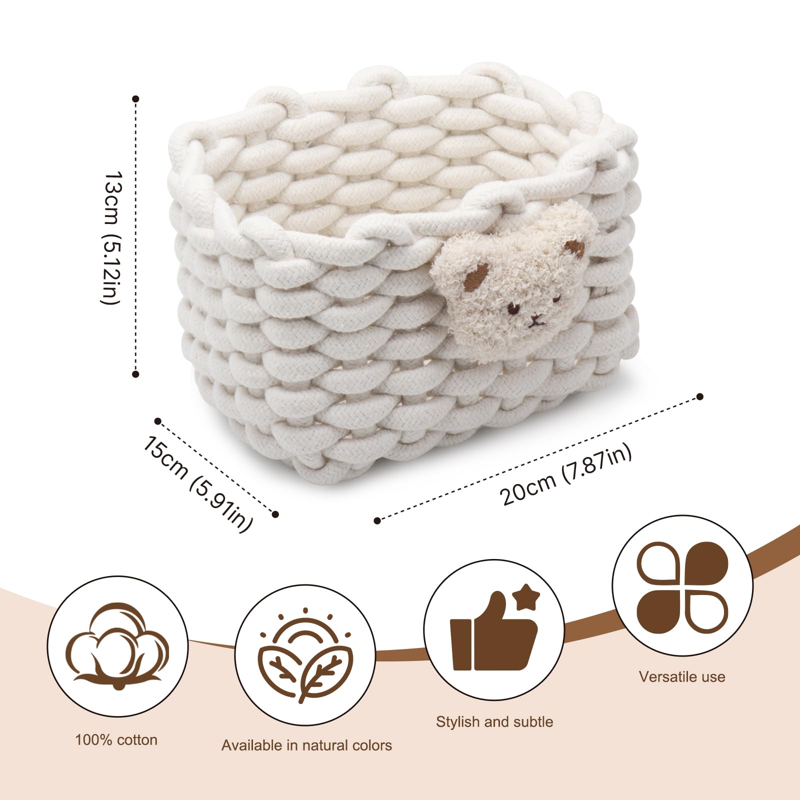 Woven Cotton Wicker Storage Basket with Bear Motif, White - Bathroom Organizer for Desk, Makeup Table, Cabinets, Bath, Kitchen (White)