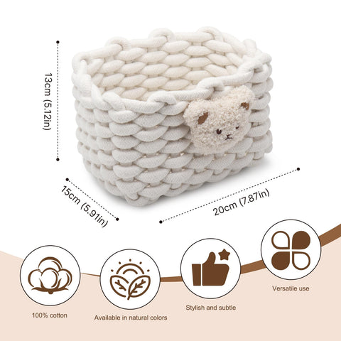 Woven Cotton Wicker Storage Basket with Bear Motif, White - Bathroom Organizer for Desk, Makeup Table, Cabinets, Bath, Kitchen (White)