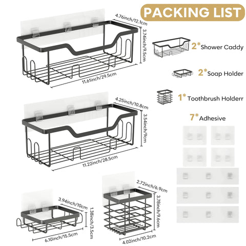 Cubbiesavor Shower Caddy 5 Pack, Stainless Steel Shower Shelf No Drilling with Toothbrush, Razor and Soap Holder Set, Black Bathroom Accessories