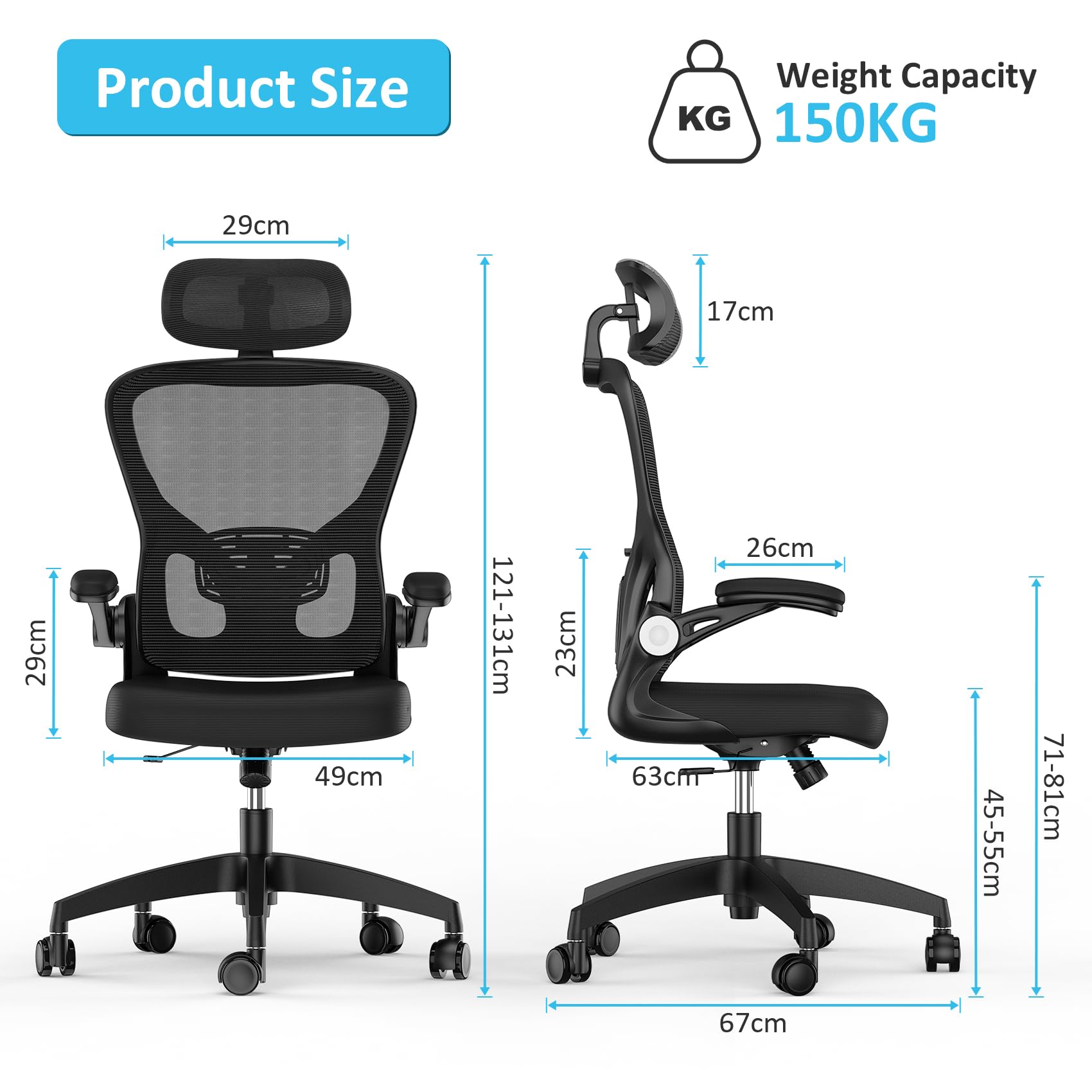 Feonase Ergonomic Office Chair with Adjustable Headrest and Lumbar Support, Mesh Back, Flip-up Armrests and Rocking Function