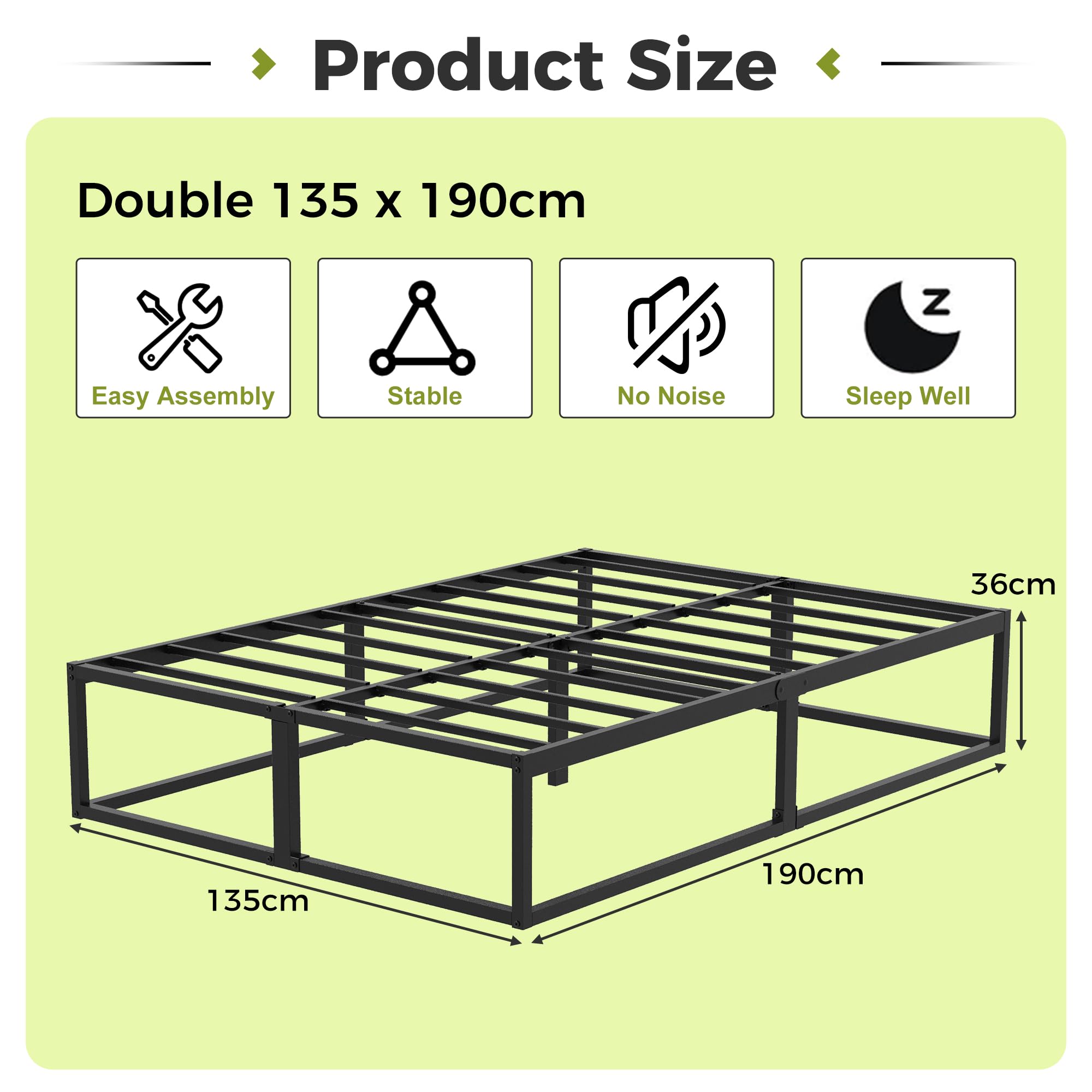 EMODA Small Double Bed Frame 36cm High with Steel Slats Support, Black