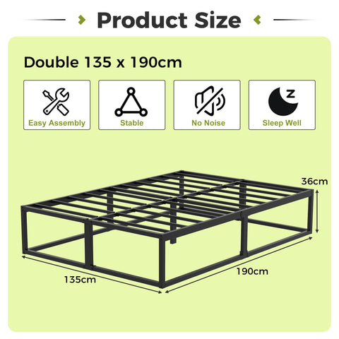 EMODA Small Double Bed Frame 36cm High with Steel Slats Support, Black