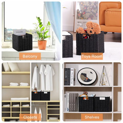 Vagusicc Wicker Baskets for Storage, Set of 2 Hand-Woven Storage Baskets for Shelves, Foldable Cube Storage Baskets Bins with Handles