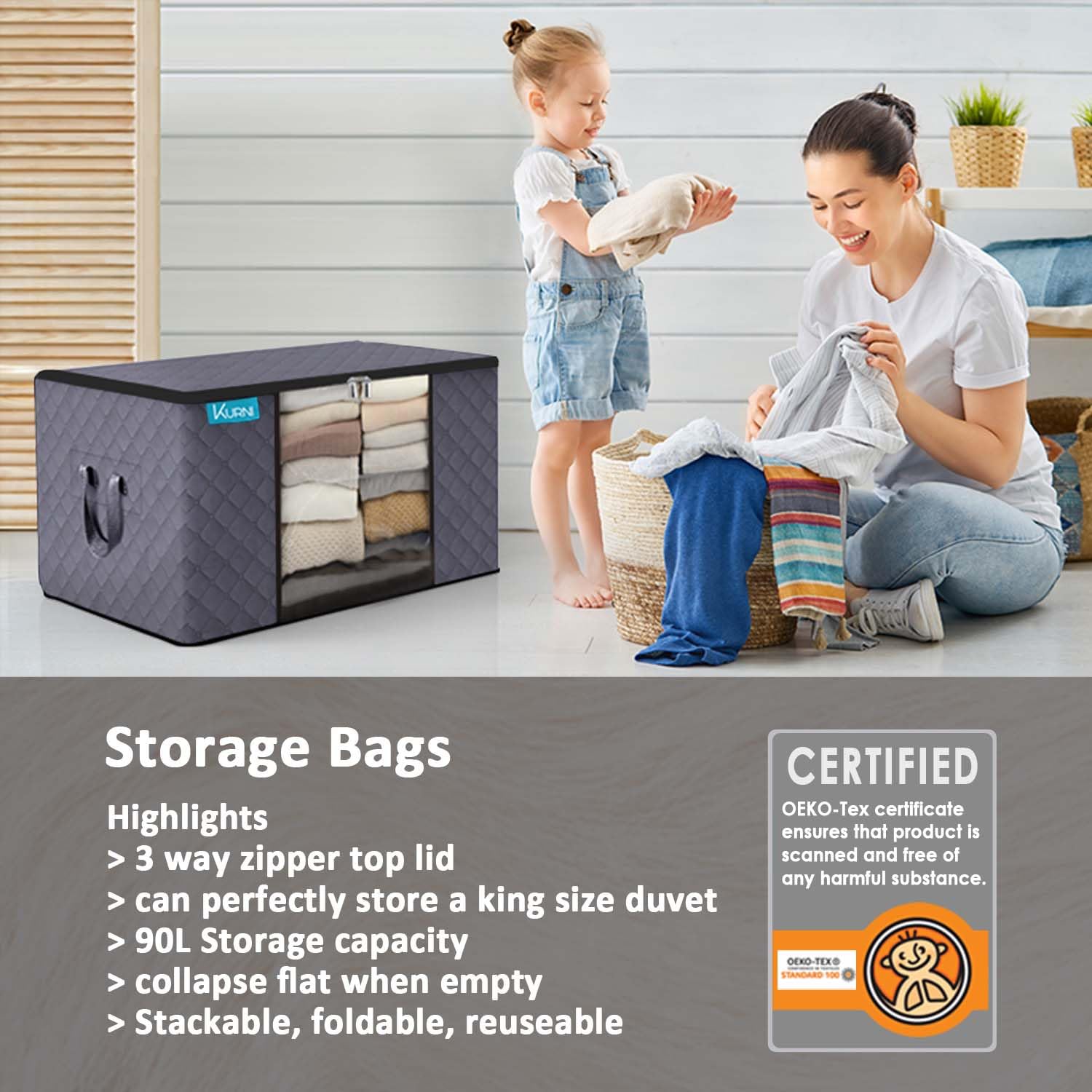 KURNI Storage Bags | Clothes Organizer Boxes, Foldable 3 Pack Grey, 90L Capacity, 3 Sided Zipper Moving Large Bag. Dust & Moisture Proof