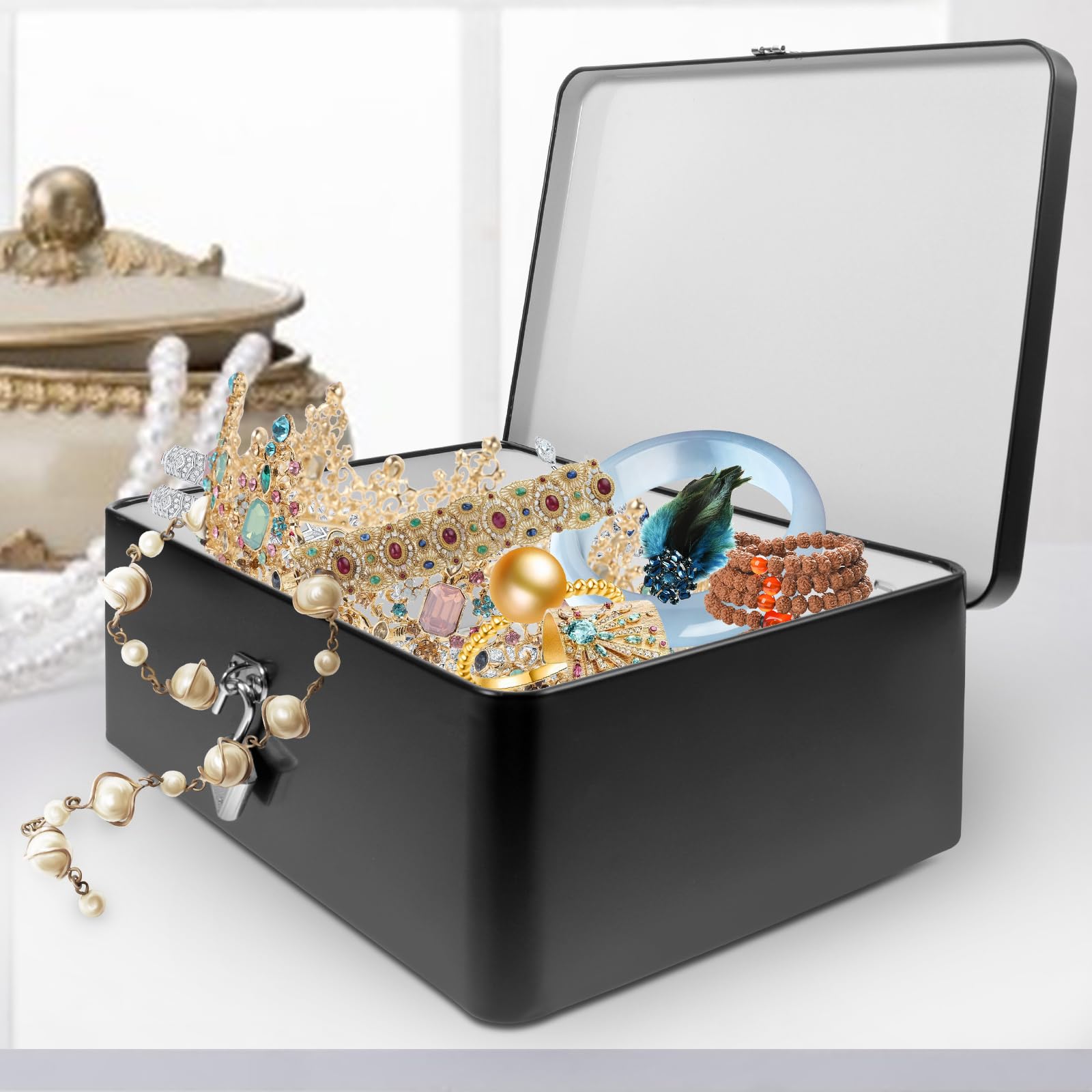 Zerodeko Tinplate Storage Box with Lock Metal Tin Box for Jewellery Rings and Earrings Desktop Storage Container for Gifts and Small Items 9.65 X