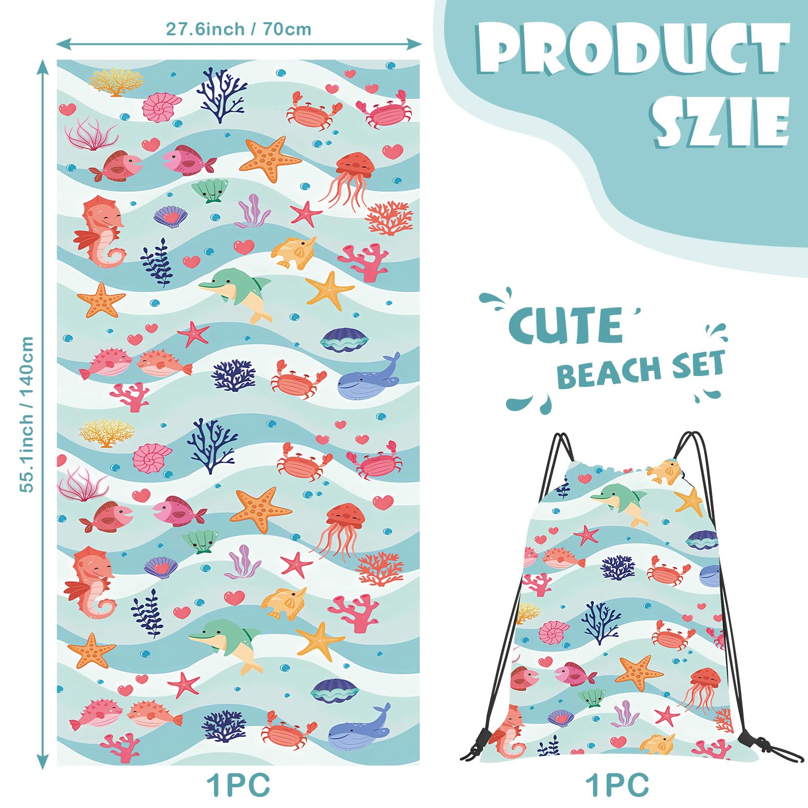 SERTAS Kids Beach Towel,Swim Towel for Girls,Kids Towel 70 X 140cm,Beach Towels for Kids,Lightweight Beach Towel Microfibre,Exquisite Pattern Beach