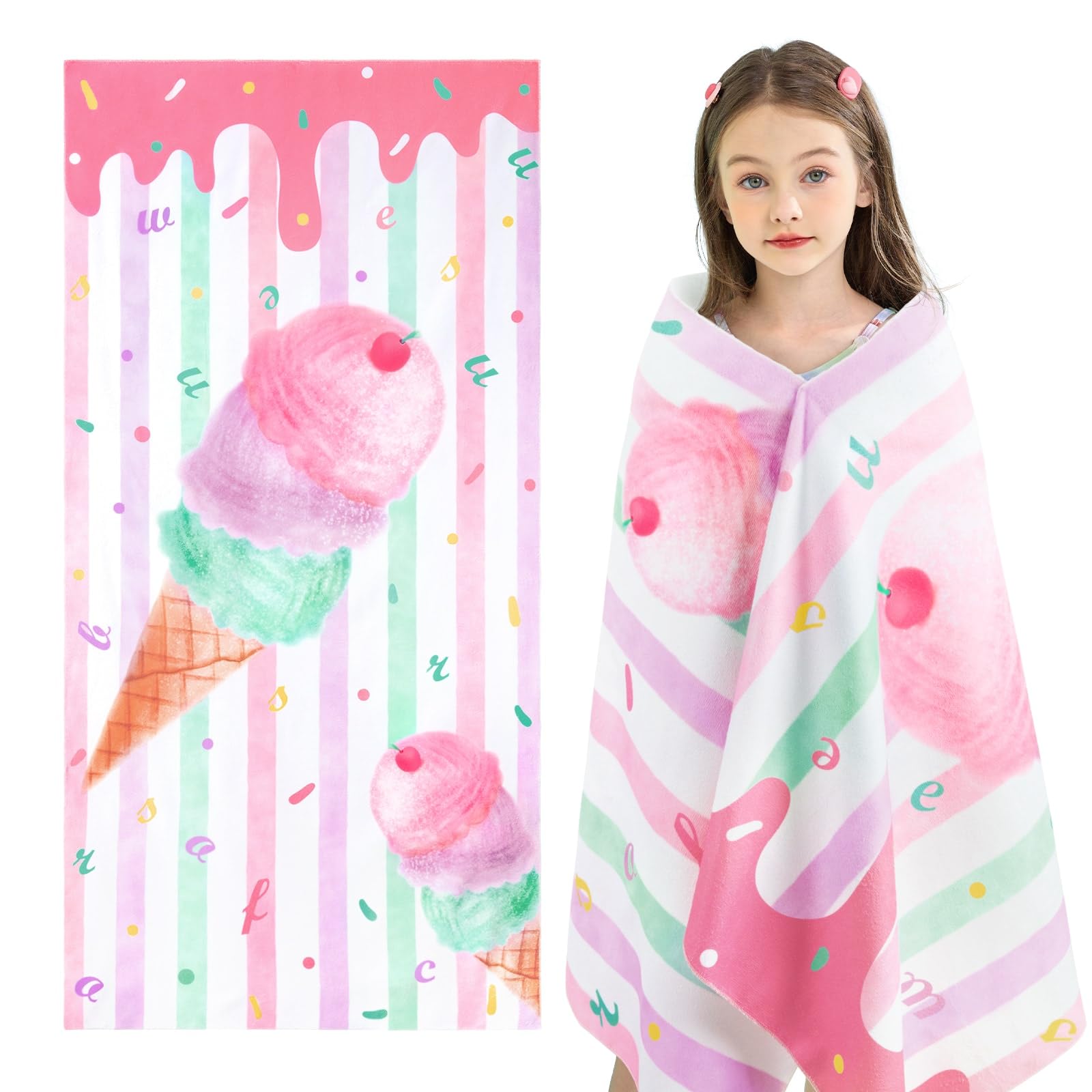 WERNNSAI Ice Cream Microfibre Beach Towel for Kids, 76 x 150cm Bath Towel