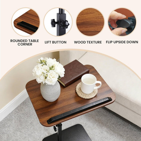 Vixtte 360° Rotating Coffee Table with Slots, Adjustable Height C-Shaped Side Table, Multi-Functional Sofa Side Table and Bed Table (Walnut Color)