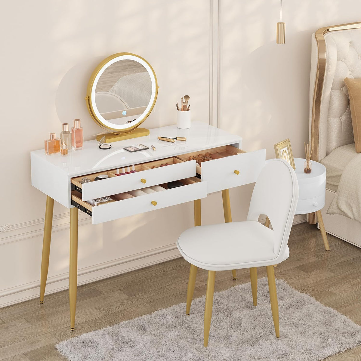WOLTU Dressing Table with LED Mirror, Adjustable Brightness, White