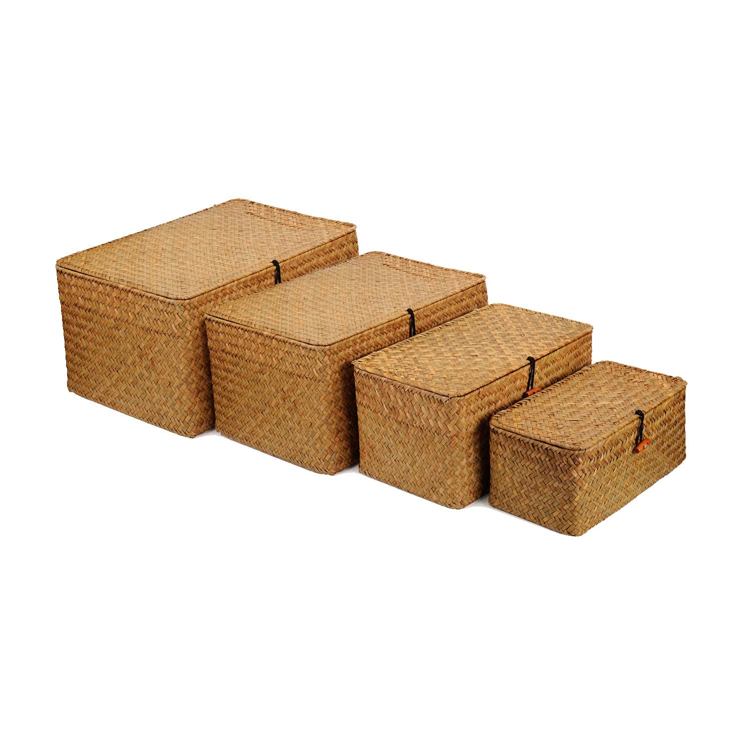 Wicker Storage Baskets with Lids, Set of 4 Seagrass Baskets, Rattan Woven Rectangular Basket Bins for Shelf Organization
