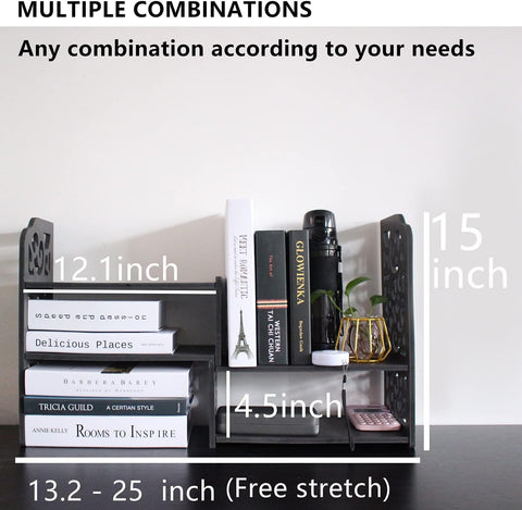 DoToGo Desk Shelf Organizer, Deskop Bookshelf for Small Space Adjustable Expendable for Office, Home, Kitchen (Black cloud)