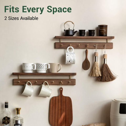 YESWOOD Solid Walnut Wall Mounted Coat Rack with Shelf, 7 Brass Hooks