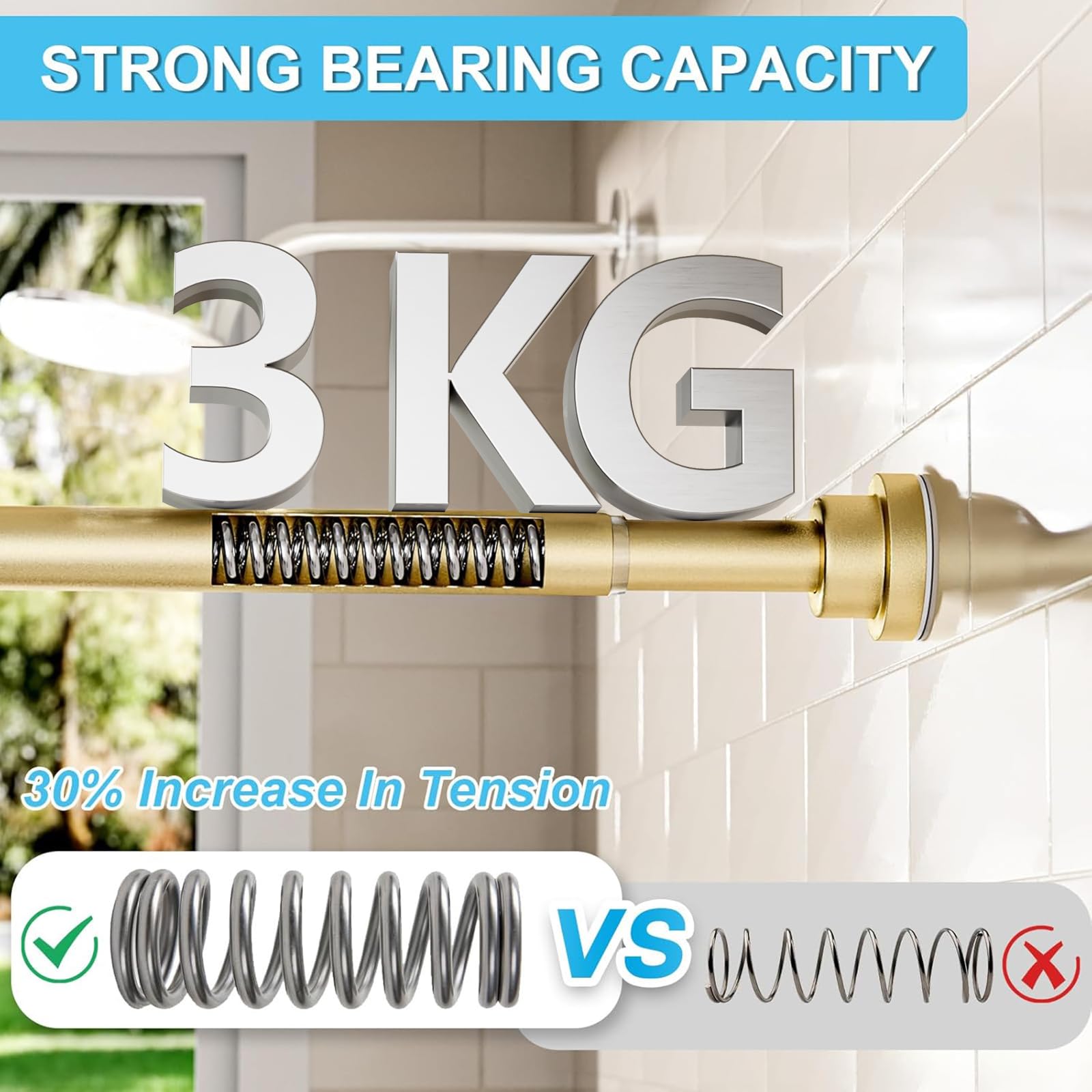 Shower Curtain Pole Extendable Curtain Poles 79-195 Cm Tension Rods For Curtains Extendable No Drill Shower Curtain Rail Non-Slip Gold Shower Pole