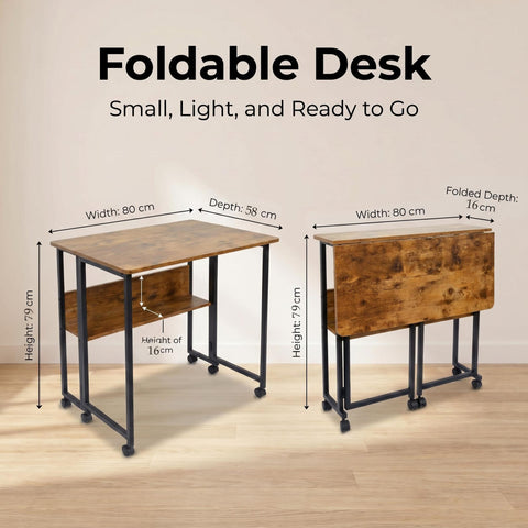 Fiutazge Folding Desk, Folding Desk with Wheels, Small Folding Computer Desk with Shelf, Side Table, Folding Table for Home Office, Industrial Design