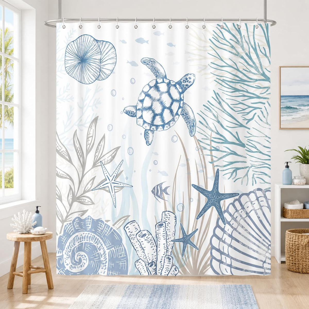 Hopomoon Sea Turtle Shower Curtain,Ocean Coastal Nautical Shells Starfish Coral Bath Curtain,Waterproof Polyester Fabric Summer Bathroom Decor with