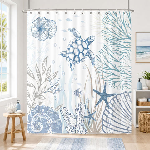 Hopomoon Sea Turtle Shower Curtain,Ocean Coastal Nautical Shells Starfish Coral Bath Curtain,Waterproof Polyester Fabric Summer Bathroom Decor with